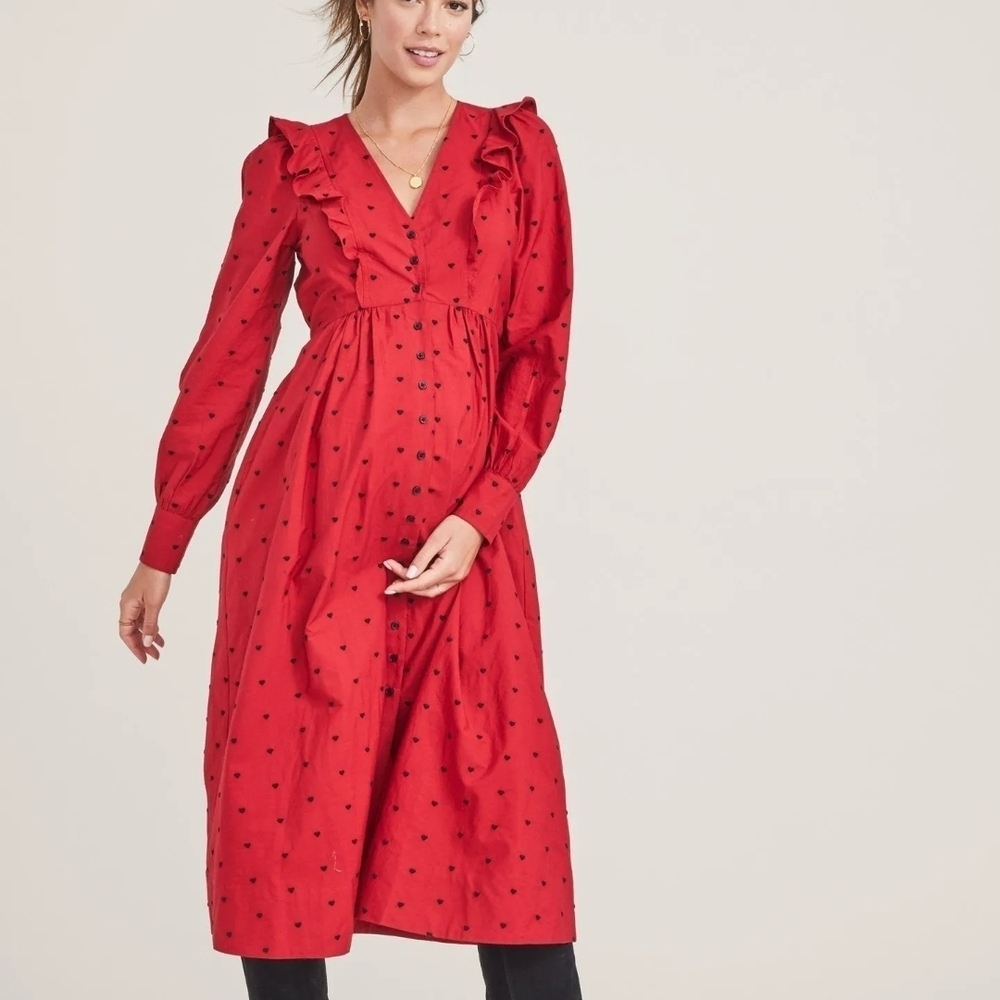 HATCH Maternity The Mae Midi Long Sleeve Shirt Dress Heart Print Size 0-XS